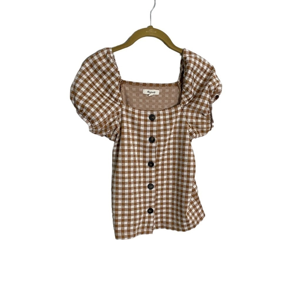 Madewell Button Front Gold Brown Gingham Plaid Blouse XXS